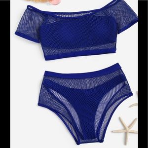 Navy blue Off the shoulder fishnet overlay bikini